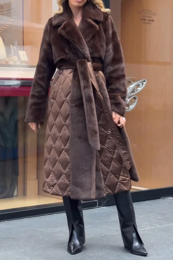 Women Elegant Plush Splicing Cross-Layer Warm Long Coat