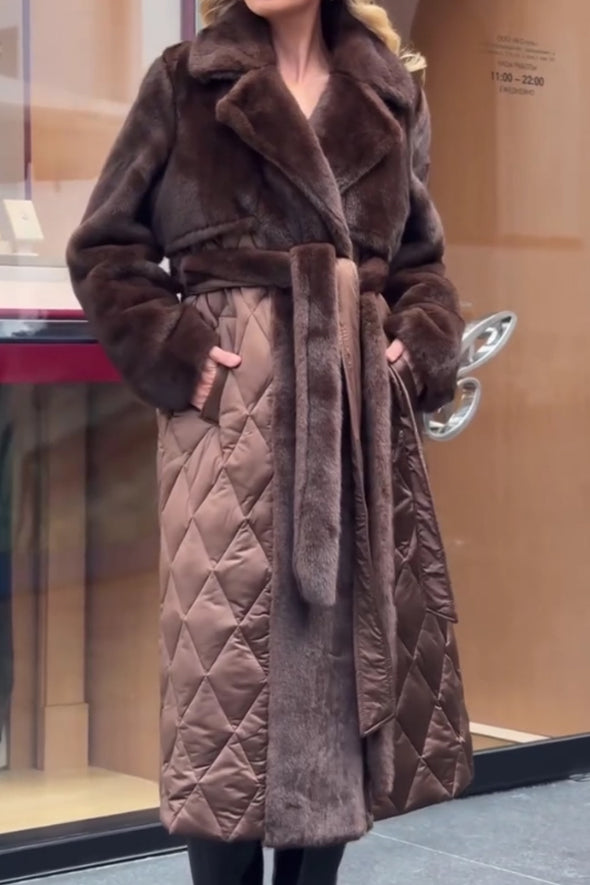 Women Elegant Plush Splicing Cross-Layer Warm Long Coat