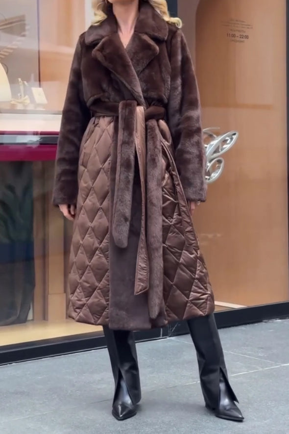 Women Elegant Plush Splicing Cross-Layer Warm Long Coat