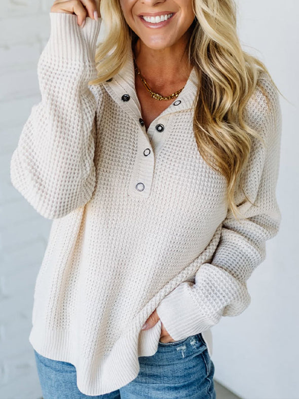 Women Lapel Buttoned Waffle Knit Casual Top