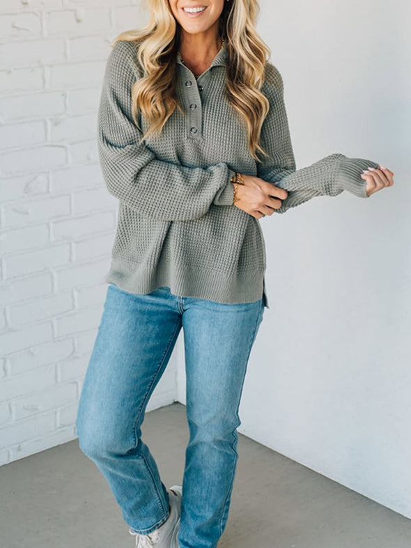 Women Lapel Buttoned Waffle Knit Casual Top