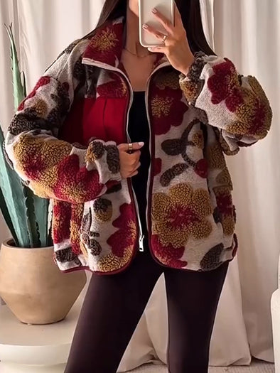 Women Lapel Plush Printed Casual Coat