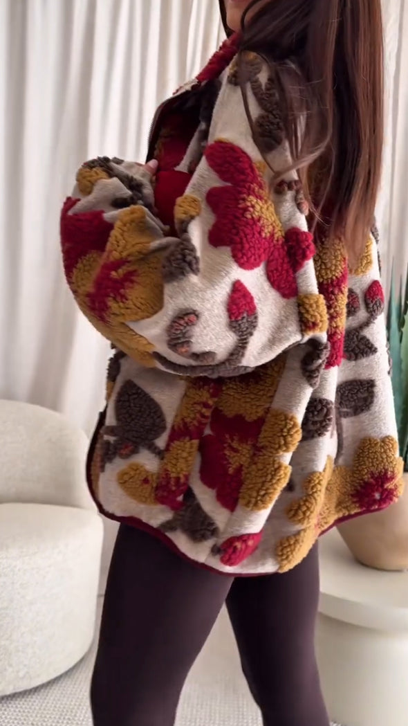 Women Lapel Plush Printed Casual Coat