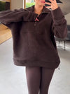 Women Lapel Half-zip Casual Plush Sweatshirt