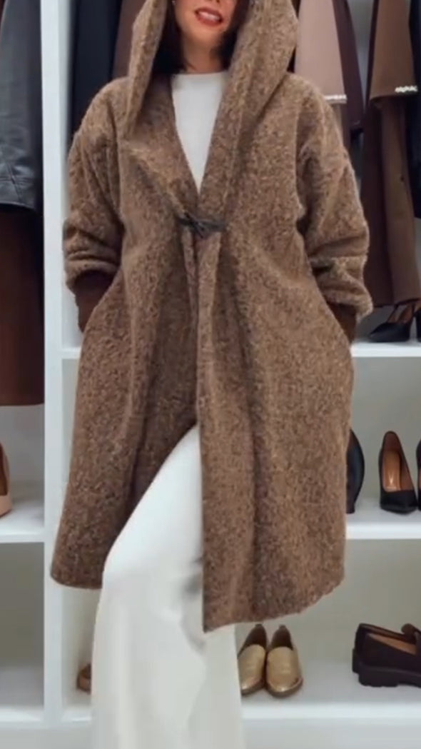 Women Hooded Patchwork Sleeves Casual Plush Coat