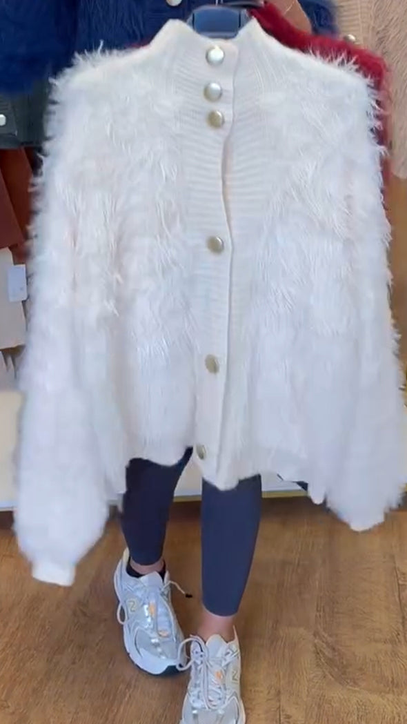 Women Round-neck Buttoned Casual Plush Coat