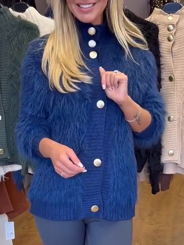 Women Round-neck Buttoned Casual Plush Coat