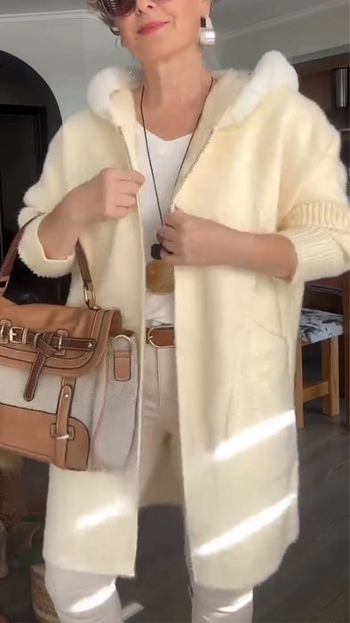 Women Fur Collar Patchwork Knitted Sleeves Casual Coat