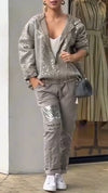 Women Hooded Sequined Printed Jacket + Pants Casual Set