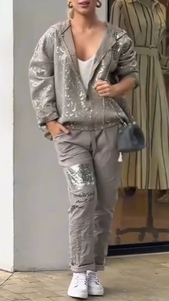 Women Hooded Sequined Printed Jacket + Pants Casual Set
