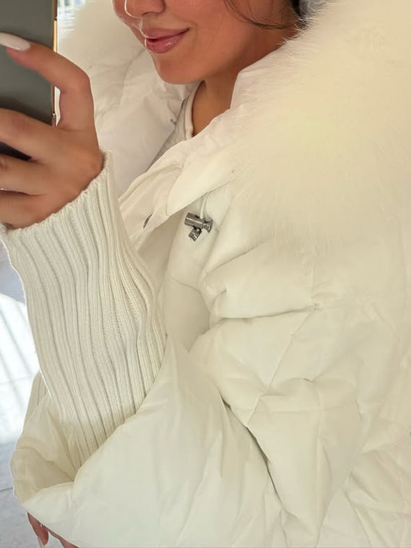 Women Fur Collar Hooded Patchwork Knitted Sleeve Casual Cotton Jacket