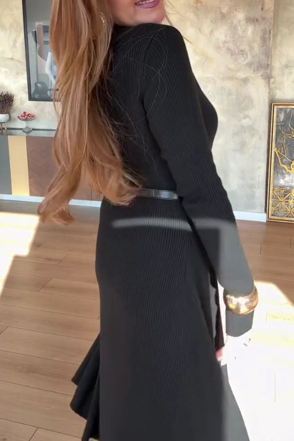 Women Elegant Half-Turtleneck Stretch Slim-Fit Knit A-Line Dress