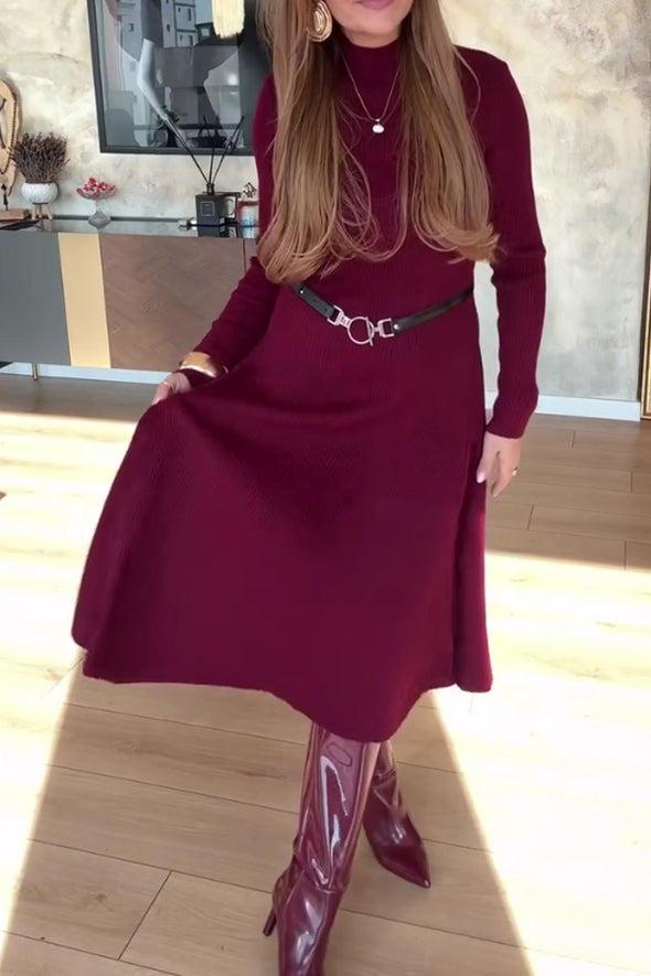 Women Elegant Half-Turtleneck Stretch Slim-Fit Knit A-Line Dress
