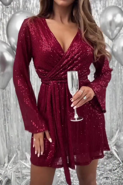 Women Elegant Holiday Party Sequin Tie Dress