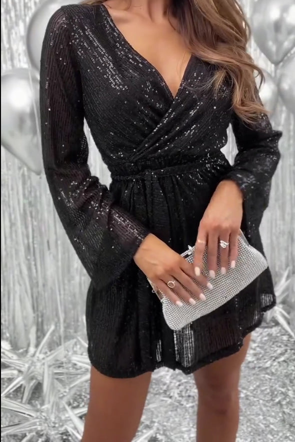 Women Elegant Holiday Party Sequin Tie Dress