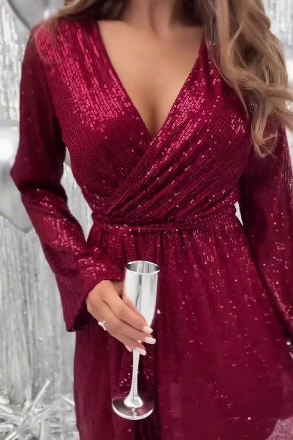 Women Elegant Holiday Party Sequin Tie Dress