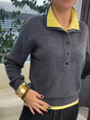 Women Lapel Stitching Contrast Color Casual Knitted Top