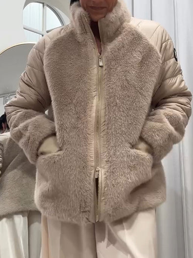 Women Stand Collar Splicing Plush Casual Cotton Jacket