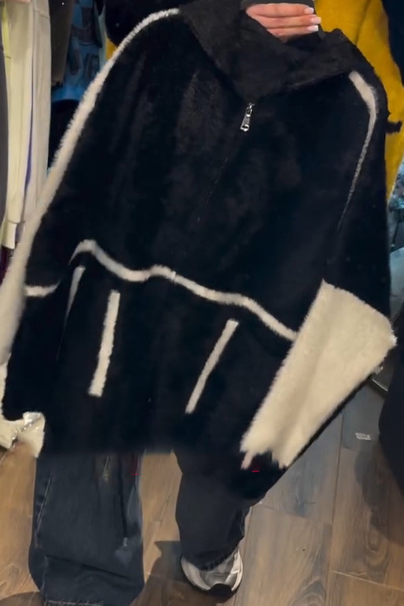 Women Hooded Patchwork Casual Plush Coat