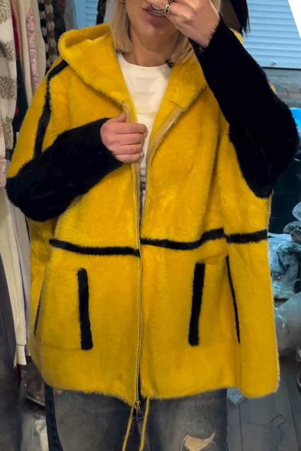 Women Hooded Patchwork Casual Plush Coat