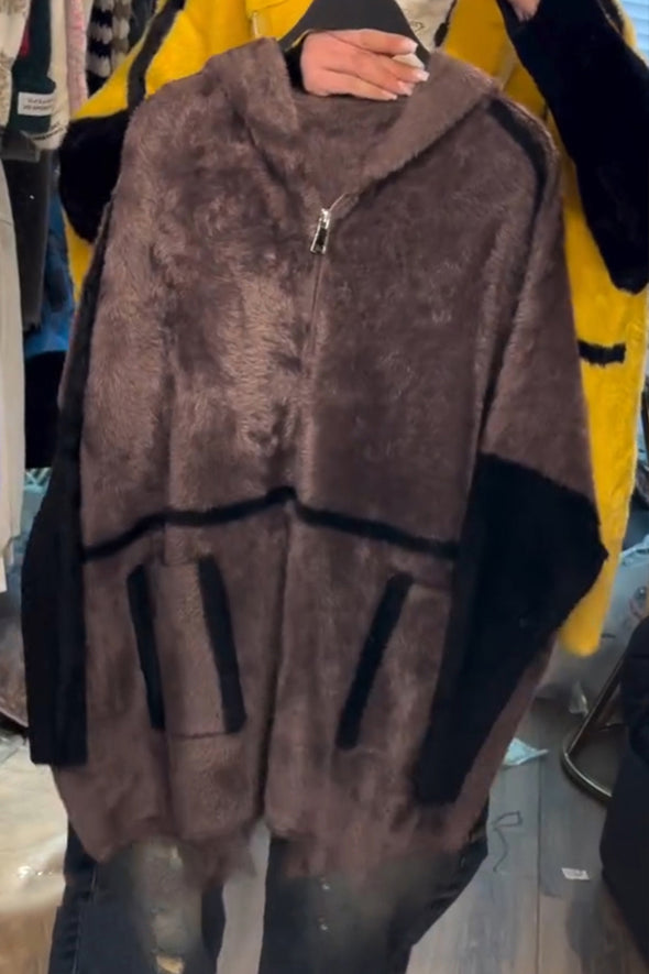 Women Hooded Patchwork Casual Plush Coat