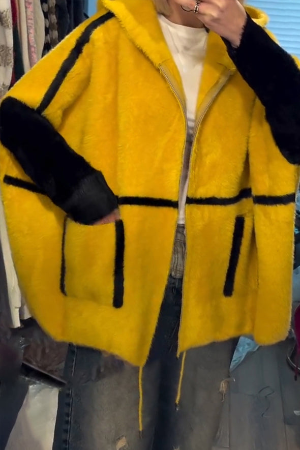 Women Hooded Patchwork Casual Plush Coat