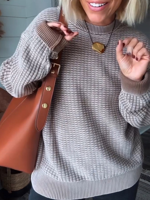 Womens Round Neck Plaid Solid Color Casual Sweatshirt