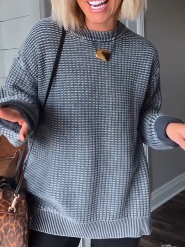 Womens Round Neck Plaid Solid Color Casual Sweatshirt