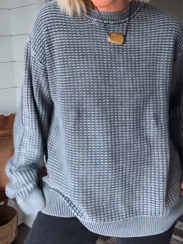 Womens Round Neck Plaid Solid Color Casual Sweatshirt