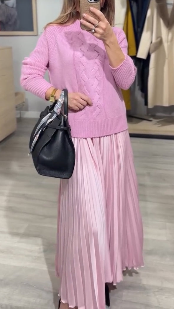 Women Round Neck Cable Knit Sweater + Pleated Skirt Casual Set