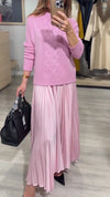 Women Round Neck Cable Knit Sweater + Pleated Skirt Casual Set