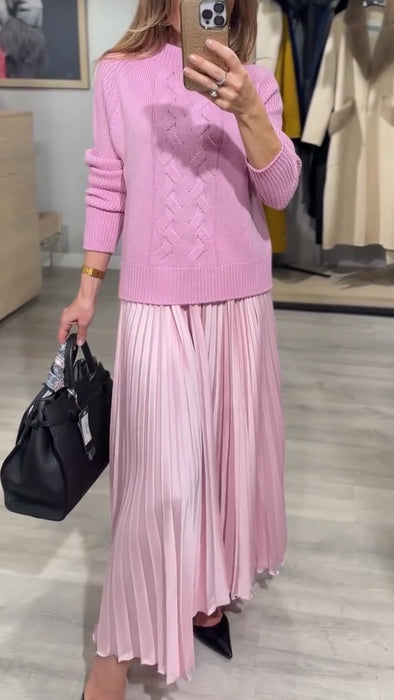 Women Round Neck Cable Knit Sweater + Pleated Skirt Casual Set