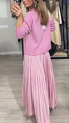 Women Round Neck Cable Knit Sweater + Pleated Skirt Casual Set