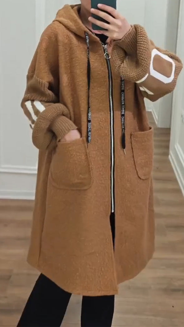 Women Hooded Patchwork Knitted Sleeve Casual Jacket