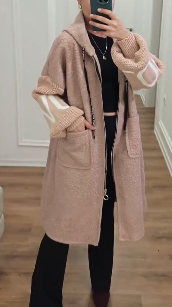 Women Hooded Patchwork Knitted Sleeve Casual Jacket