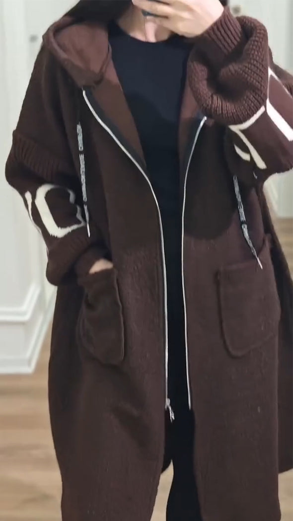 Women Hooded Patchwork Knitted Sleeve Casual Jacket