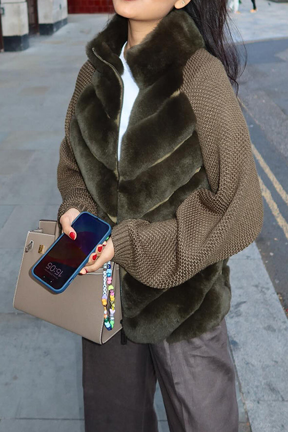 Women Casual Striped Plush Knitted Stand Collar Zipper Warm Jacket