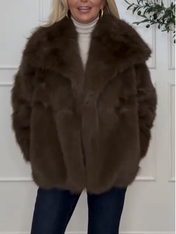 Women Lapel Solid Color Casual Plush Coat