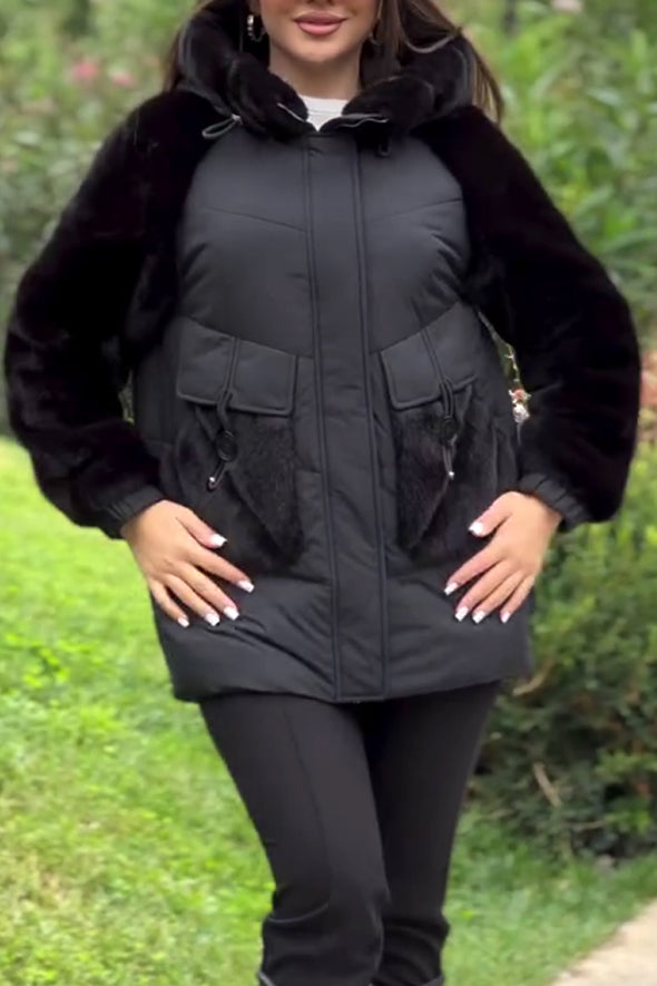 Women Casual Hooded Plush Sleeve Pocket Stitching Windproof Warm Jacket