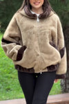 Women Casual Hooded Plush Contrast Color Warm Zip-Up Jacket