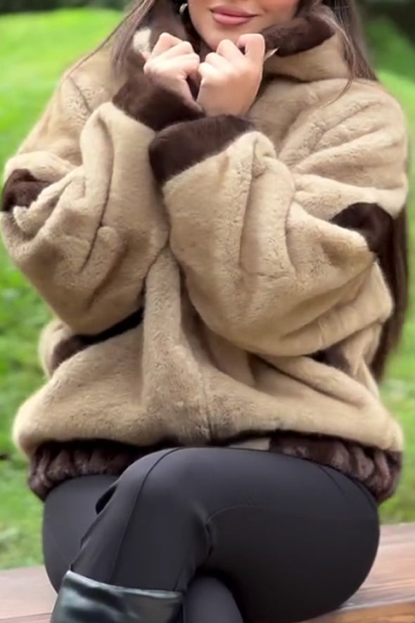 Women Casual Hooded Plush Contrast Color Warm Zip-Up Jacket