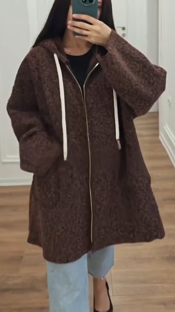 Women Hooded Drawstring Casual Plush Coat