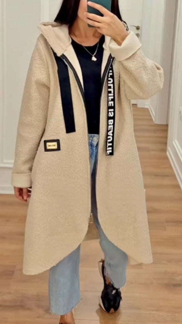 Women Hooded Drawstring Casual Plush Coat