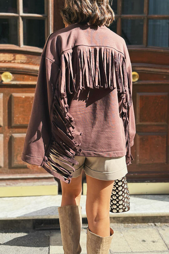Women Casual Western Sleeve Back Tassel Crew Neck Long Sleeve T-shirt