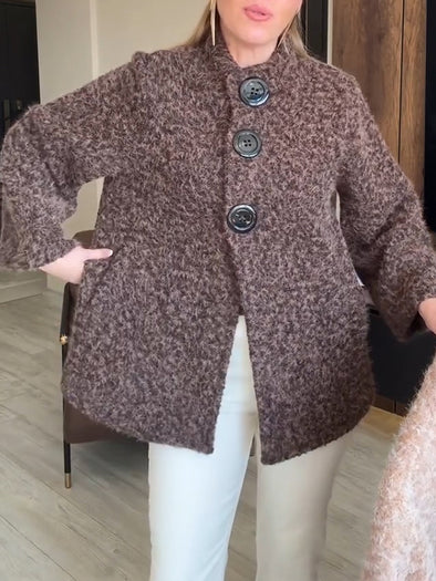 Women Round-neck Buttoned Casual Plush Coat