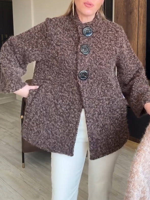 Women Round-neck Buttoned Casual Plush Coat