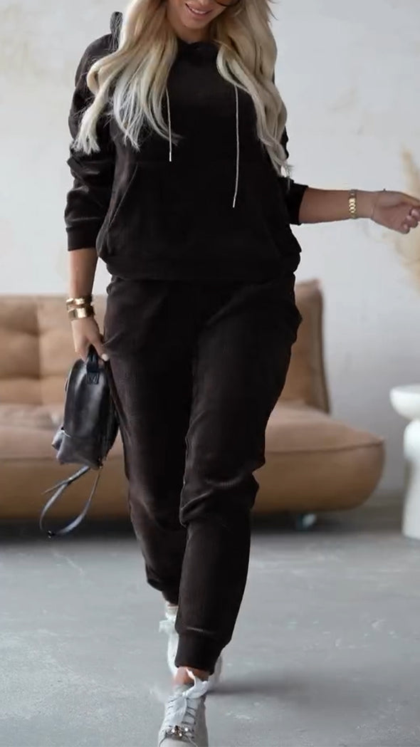 Women Round Neck Hooded Drawstring Sweatshirt + Pants Solid Color Casual Suit