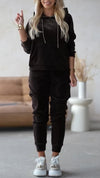 Women Round Neck Hooded Drawstring Sweatshirt + Pants Solid Color Casual Suit