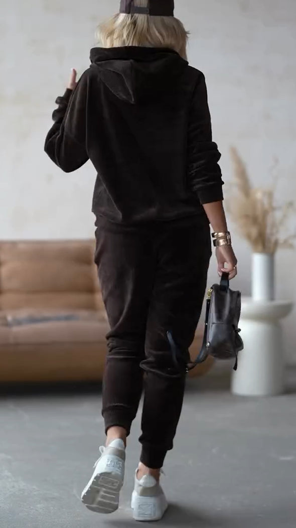 Women Round Neck Hooded Drawstring Sweatshirt + Pants Solid Color Casual Suit