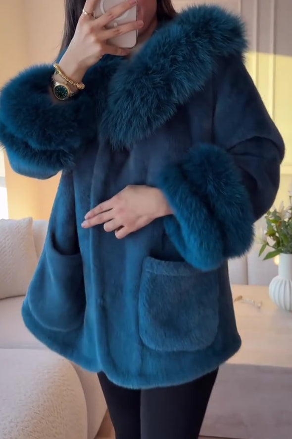 Womens Elegant Large Fur Collar Soft Plush Coat